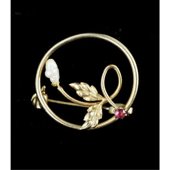Vintage Gold Filled Genuine Pearl & Pink Spinel Round Leaf Pin Grandmacore - Picture 1 of 4